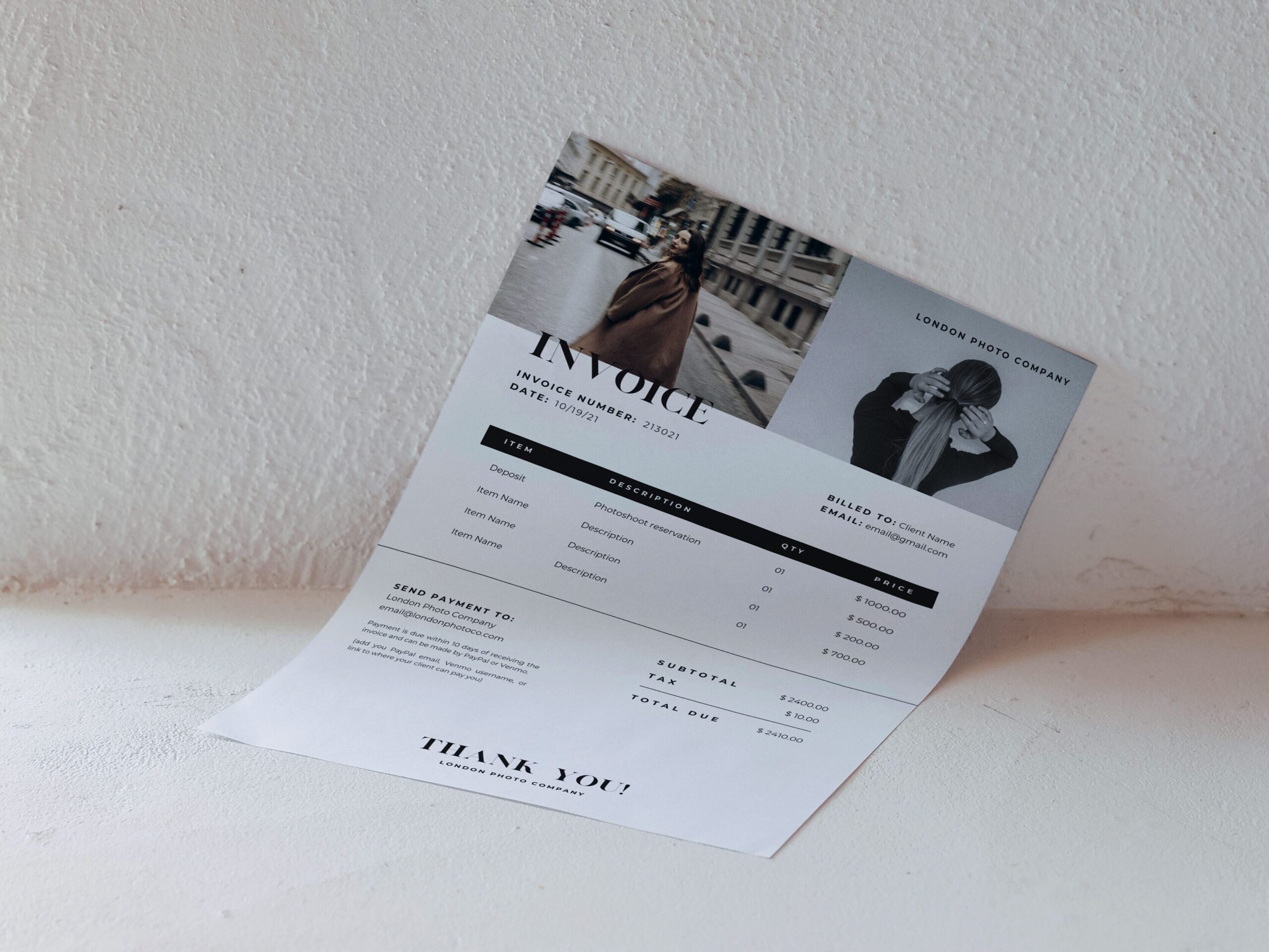 Modern invoice template designed for photographers